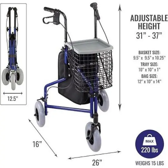 DMI Folding Rollator Walker with Swiveling Front Wheels, FSA HSA Eligible, 3 Wheel, Aluminum Light-Weight, Detachable Storage Tray, Royal Blue image {2}