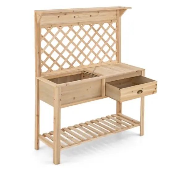 Costway Wood Raised Garden Bed w/ Trellis Elevated Planter Box w/ Storage Shelf and Drawer image {9}