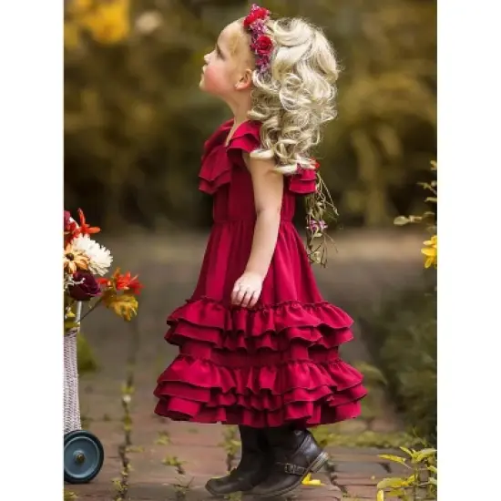 Girls Crisp Cranberry Tiered Ruffle Midi Dress - Mia Belle Girls image {5}