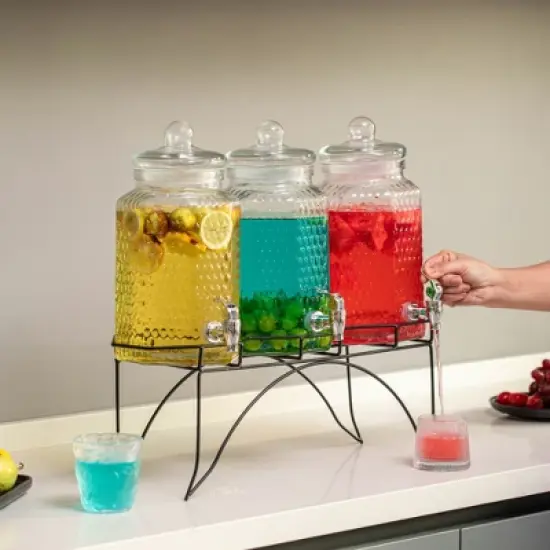 Basicwise 3-Piece Glass Drink Dispenser Set with Metal Stand and Stainless Steel Spigot - Beverage Dispensers for Lemonade, Juice, Water, and Punch image {4}