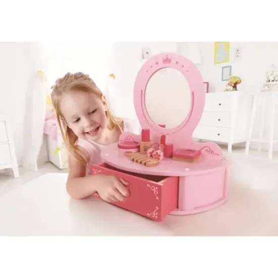 Hape Toys Petite Pink Vanity Toy Wooden Beauty Desk with Drawer, Mirror, and Pretend Makeup Kit, Hairbrush, Lipstick Roll, Compact, Perfume, and Puffs image {3}