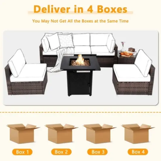 Costway 7 PCS Patio Furniture Set with 28" 50000 BTU Propane Gas Fire Pit Table Cushions Red/Turquoise/Off White image {4}