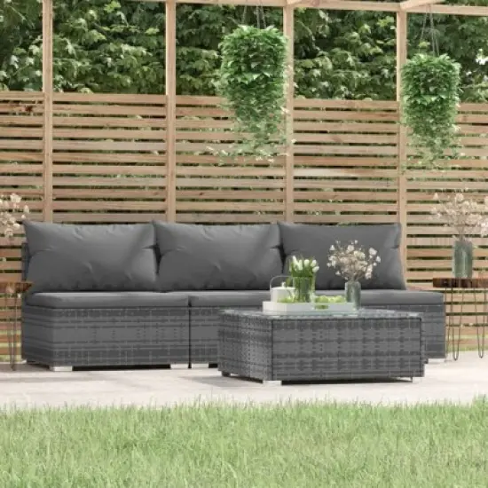 vidaXL 4-Piece Patio Furniture Set with Cushions; Gray Poly Rattan Material, Ideal for Outdoor or Indoor Use, Weatherproof and Easy to Move image {1}