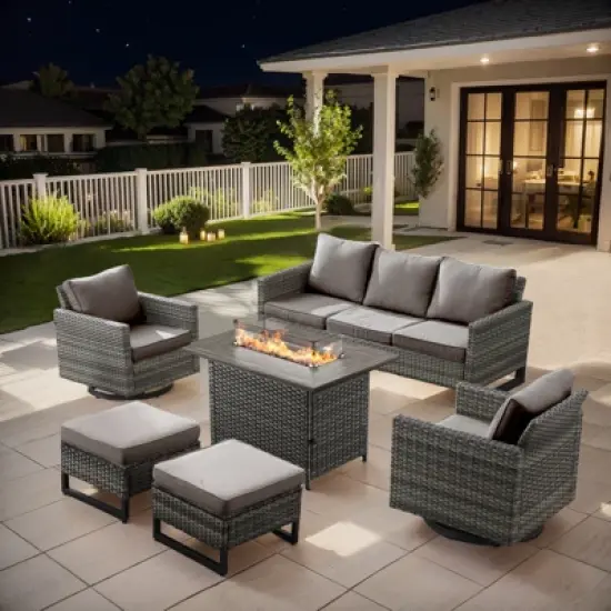 Buenhomino 6 Peices Outdoor Patio Furniture Set with 41" Fire Pit Table, Wicker Swivel Rocking Chairs Conversation Sets for Yard Garden Porch image {18}