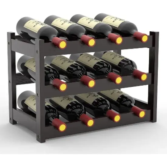 Itopfox Bamboo Wine Rack Countertop, 3-Tier 12 Bottles Wine Storage Shelf for Kitchen Pantry Cabinet - Dark Brown image {7}