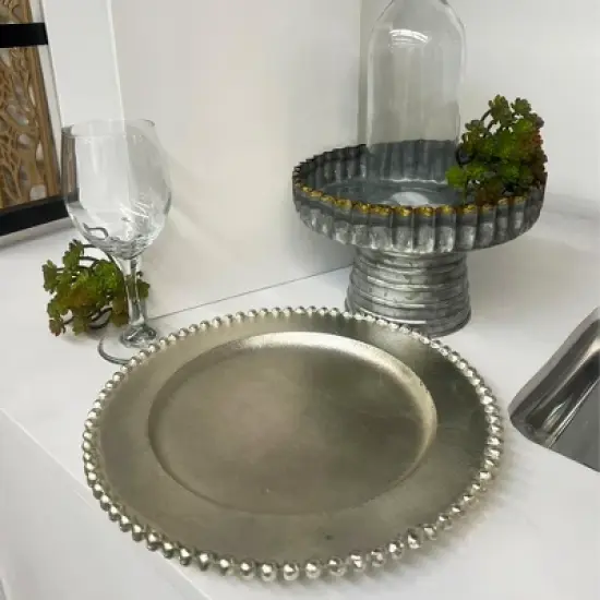 Essential Decor & Beyond 12.5" Rustic Round Aluminum Silver Charger with Beaded Rim Set of 4 image {3}