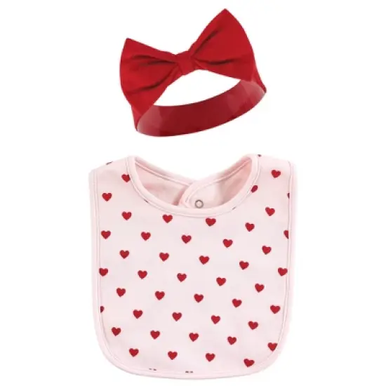 Hudson Baby Infant Girl Cotton Bib and Headband or Caps Set, Valentine Sweetheart, One Size image {3}