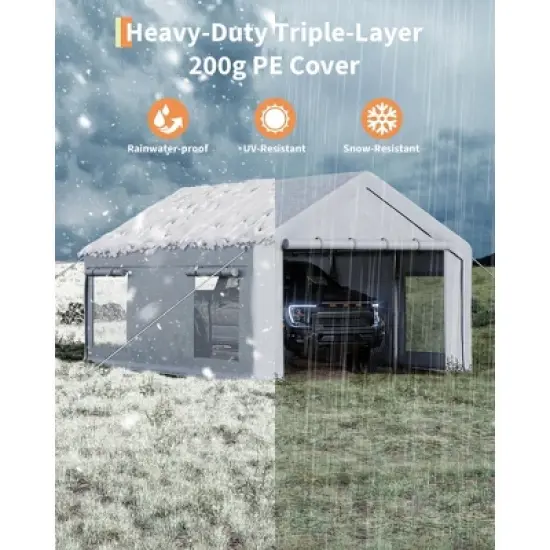 10x20 Ft Carport, Car Port with 200g PE Tarp, Roll-Up Doors, and 4 Windows image {3}