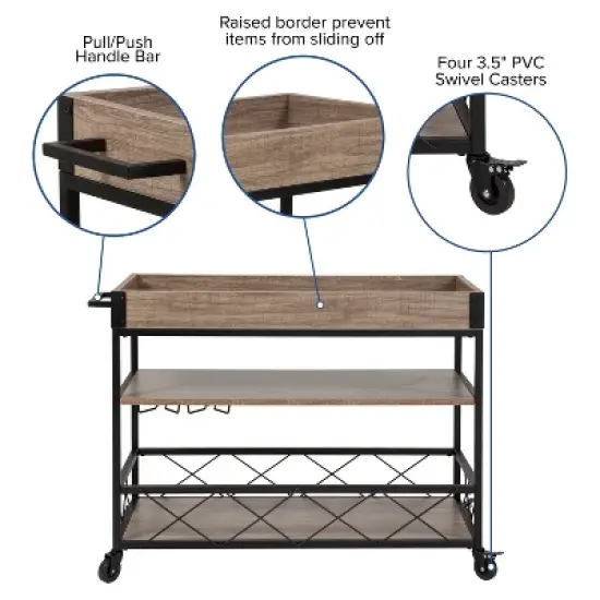 Merrick Lane Rolling Kitchen Serving and Bar Cart with Shelves and Wine Glass Holders in Distressed Light Oak Wood and Black Iron image {7}