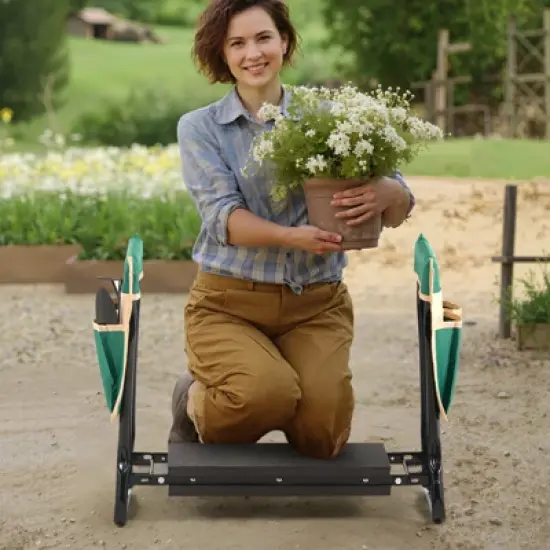 VEVOR Garden Kneeler and Seat, 8 in Wide Kneeling Pad, Heavy Duty Garden Kneeling Stool, Folding Garden Seat with 2 Tool Bags, Black&Green image {1}