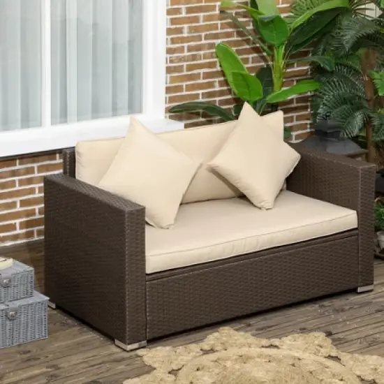 Outsunny Outdoor Wicker Loveseat, Patio Furniture Couch with Cushions, 2 Seats PE Rattan Sofa, 2 Throw Pillows for Porch, Backyard, Pool image {2}