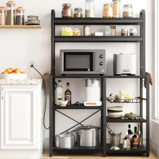 Bakers Rack with Power Outlet, Coffee Bar with Wire Drawer, Microwave Stand, Kitchen Baker Table with Large Storage image {2}