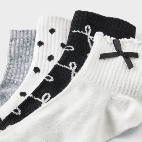 Women's Lettuce Edge Applique Bow & Polka Dots 4pk Ribbed Ankle Socks - Ivory/Heather Gray/Black 4-10 image {2}
