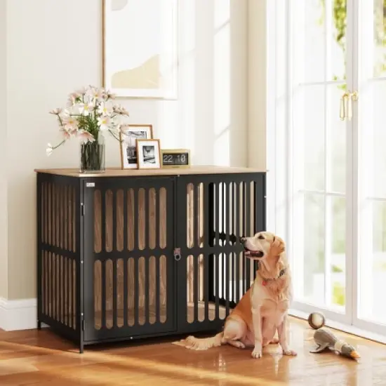PawHut Dog Crate Furniture, 39" Dog Cage Furniture End Side Table w/ Anti-Chew Resistant Mesh, Anti-Escape Single Door, for Large Dogs, Walnut Brown image {2}