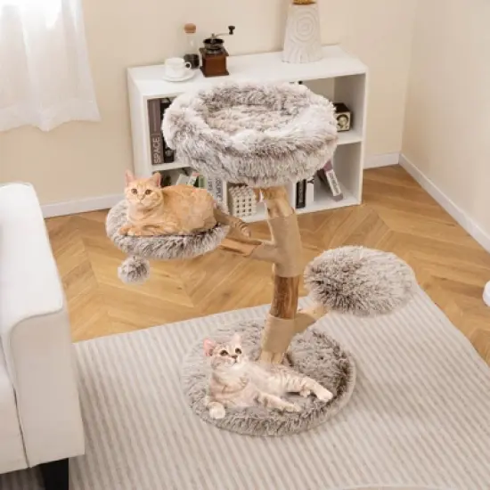 Costway Modern Cat Tree with Pear Wood Trunks Scratching Posts Soft Long Plush Fabric image {3}