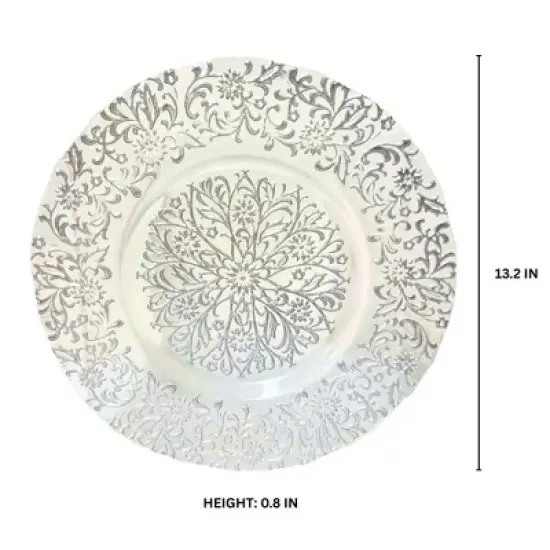 Essential Decor & Beyond 13.2" Modern Round Glass Charger with Silver Floral Pattern Set of 4 image {2}