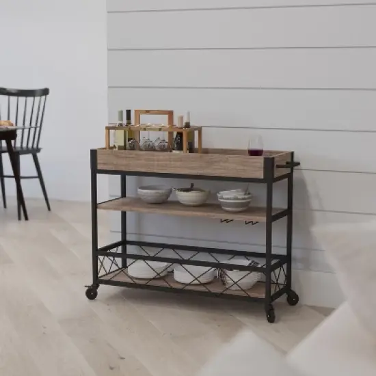 Merrick Lane Rolling Kitchen Serving and Bar Cart with Shelves and Wine Glass Holders in Distressed Light Oak Wood and Black Iron image {4}