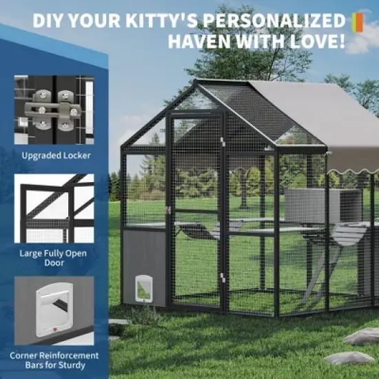 Aluminum Walk-In Large Outdoor Cat Enclosure, Catio for Multiple Cats, Outside Cattery with Weatherproof Roof , Side Door, UV Proof Cover image {4}