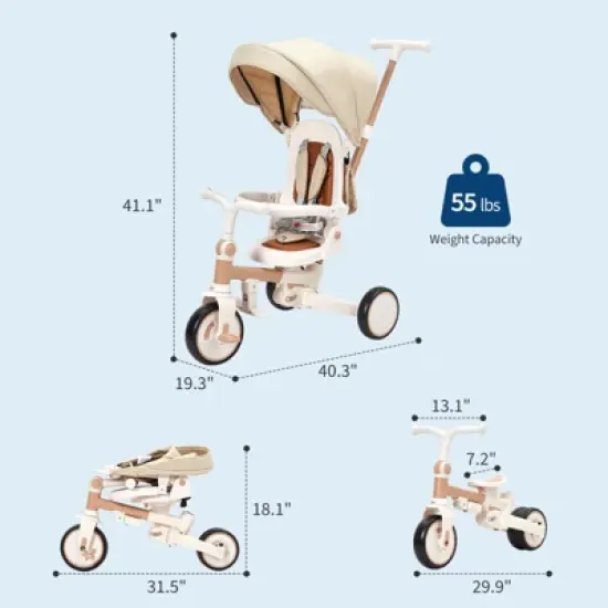 Foldable Baby Tricycle w/ Parent Handle, Safety Harness & Canopy &ndash; Adjustable for 1-6 Ages ,7-in-1 Balance Bike & Stroller Modes image {5}