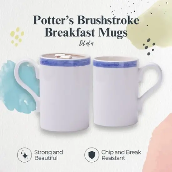 Portmeirion Potter's 9oz Brushstroke Breakfast Mug, Set of 4, Elegant Earthenware Tea Mugs with Handle, Ideal Gift for Coffee Lovers - Blue image {1}