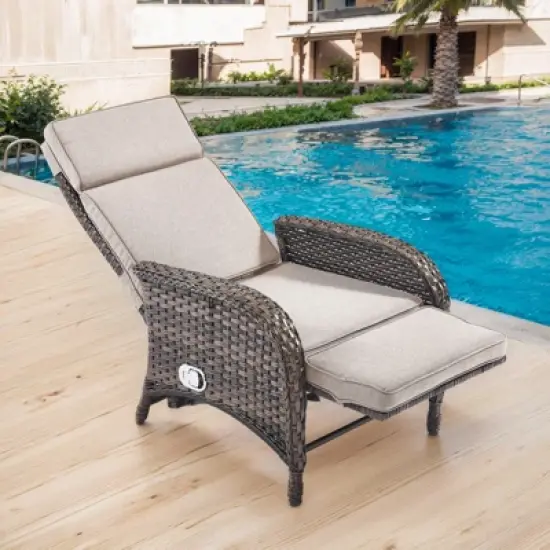 POCASSY Outdoor Recliner Chair, Wicker Adjustable Reclining Patio Lounge Chair with Cushion, Adjustable Backrest and Footrest, Ideal for Pool Deck image {2}