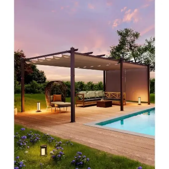 12x20ft Extra Large Aluminum Pergola with Adjustable Canopy, 4-Side Anchoring, Khaki Frame & Curtains, UV & Water Resistant image {4}