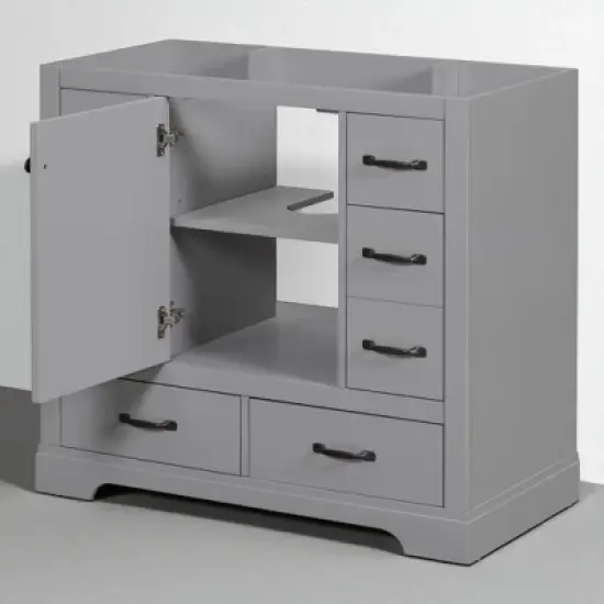 36" Bathroom Vanity Cabinet Base Only, Solid Wood & MDF, 6 Drawers, Adjustable Shelf, No Sink, Freestanding image {2}