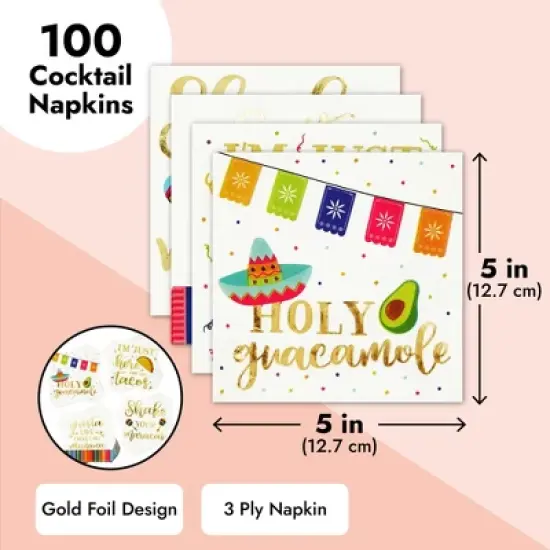 Blue Panda 100 Pack Gold Foil Napkins for Mexican Cinco de Mayo Decorations, 4 Designs, 5 x 5 inches image {3}
