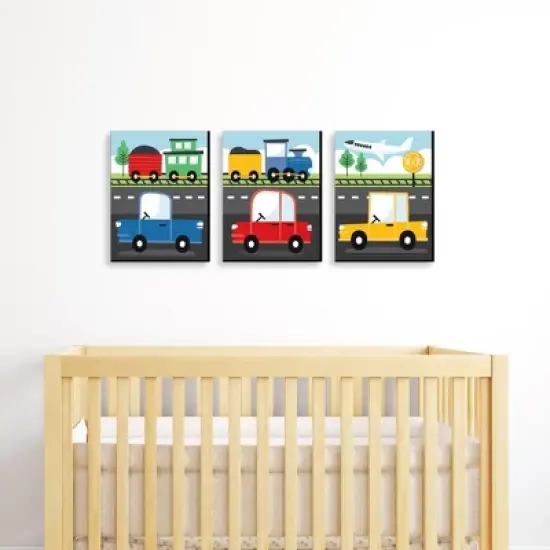 Big Dot of Happiness Cars, Trains, and Airplanes - Transportation Nursery Wall Art and Kids Room Decor - 7.5 x 10 inches - Set of 3 Prints image {1}