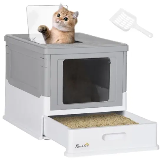 PawHut Hooded Cat Litter Box with Scoop, Enclosed Cat Litter Tray with Front Entry, Top Exit, Portable Pet Toilet with Large Space image {7}