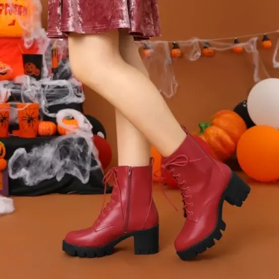 Allegra K Women's Lace-Up Platform Chunky Heels Combat Boots image {1}