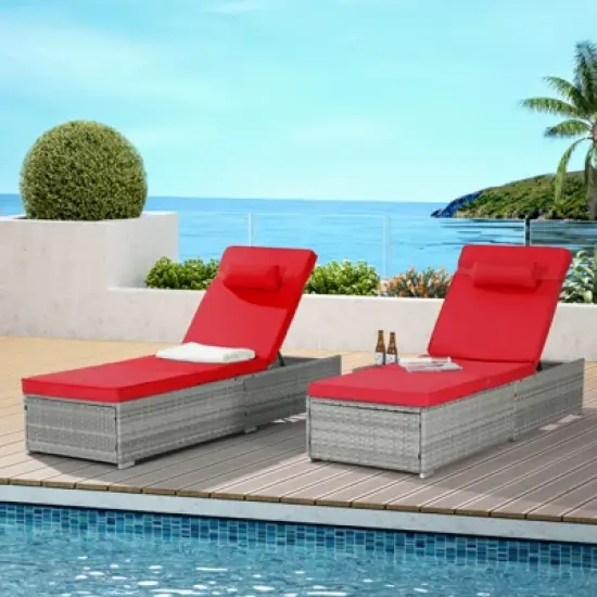 DSVIMOY Patio 2-Piece Chairs Tanning Lounges with Storage, Beach Recliners with Adjustable Backrest, Red & Gray, 77"*25"*14.8" image {5}