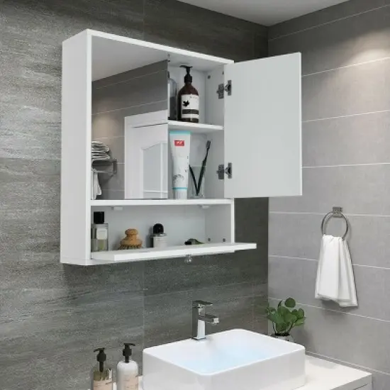 Costway Bathroom Cabinet Medicine Cabinet Double Mirror Door Wall Mount Storage Wood Shelf White image {3}