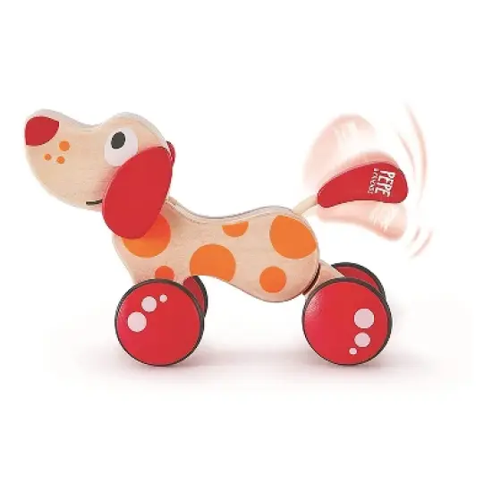 Hape Walk A Long Pepe the Puppy Wooden Push Pull Toy Can Sit, Stand, Roll, with Rubber Rimmed Wheels, for Toddlers Ages 1 and Up, Red and Orange image {1}