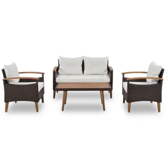 FIONECA 4-Piece Patio Furniture Set, PE Rattan Outdoor Sofa with Cushions & Wood Table, Garden Conversation Set, Brown & Beige image {4}