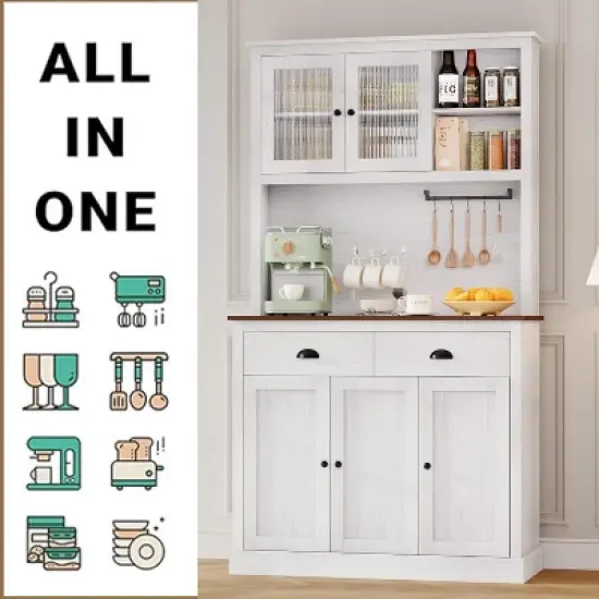 Acekool 71" Pantry Cabinet with Microwave Space - 5 Doors & Adjustable Shelves, White image {6}