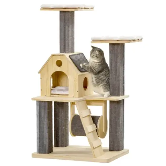 YOOCOZZ PawHut Cat Tree, with Pillow-Covered Perches, Spinning Toy, Scratching Posts, Cat Condo and Ladder-Natural image {1}