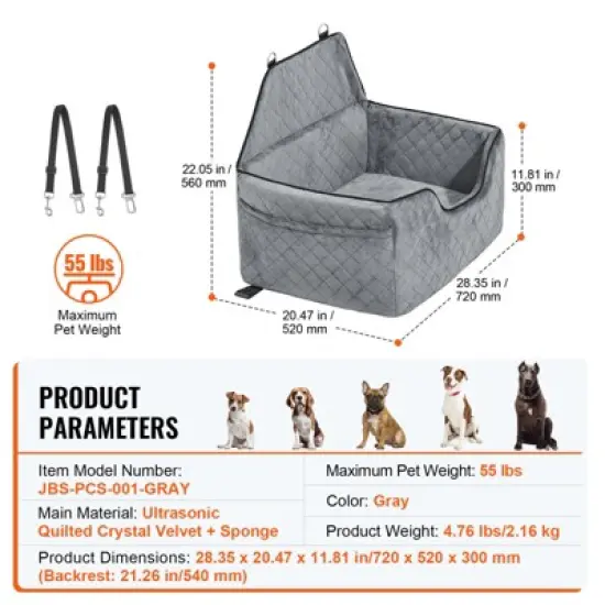 VEVOR Dog Car Seat, Dog Booster Seat for Car with A Storage Pocket, Pet Car Seat with Clip-On Safety Leash, Sponge Filling, Dog Car Bed image {7}