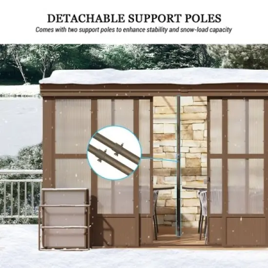 Mondawe 10x12FT Lean to Sunroom Wall Mounted Solarium with Sloping Polycarbonate Roof, Detachable Screens and 2 Lockable Sliding Doors image {4}