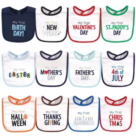 Hudson Baby Infant Boy Cotton Bibs 12pk, Holiday Bold Boy, One Size image {2}