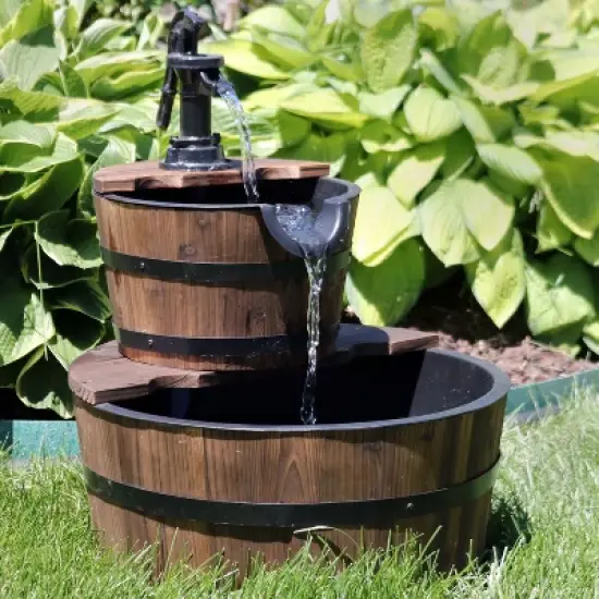 Sunnydaze Electric Fir Wood 2-Tier Farmhouse Barrel with Metal Decorative Hand Pump Outdoor Water Fountain image {3}