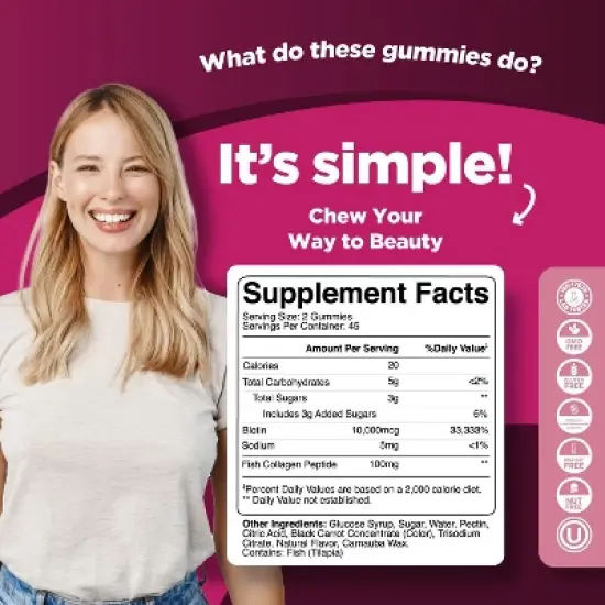Hydrolized Collagen + Biotin Gummies, Pure Collagen Supplement for Healthy Hair Growth, Glowing Skin & Nail Care, Raspberry Flavor, Phytoral, 90ct image {2}