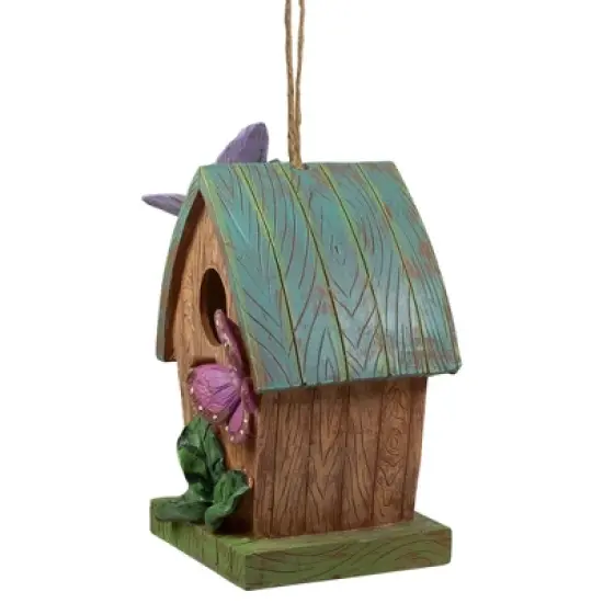 Northlight 10" Brown and Green Hanging Birdhouse with Butterflies Outdoor Garden Decor image {4}