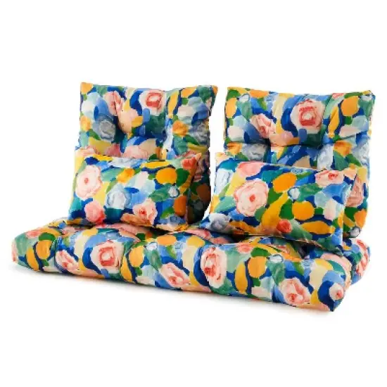 ARTPLAN Outdoor Cushions for Settee,Wicker Loveseat Cushions with Tie,Tufted Patio Cushions 2 U-Shaped Set of 5 Piece,L44xW19，Floral image {13}
