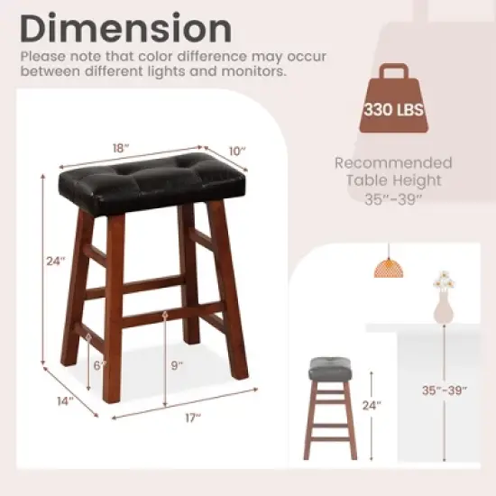 Costway Set of 2 Upholstered Barstools 24''/29'' Backless Rubberwood Dining Chairs Black&Brown image {2}