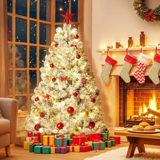 Acekool Pre-Lit Snow Flocked Artificial Tree with Warm White Lights, Small Tree with Foldable Metal Stand, Indoor Holiday Decor image {8}