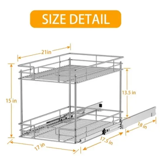 LOVMOR Pull Out Cabinet Organizer and Storage (17" W x 21" D) 2-Tier Pull Out Shelf Storage for Kitchen Base Cabinet Silver image {3}