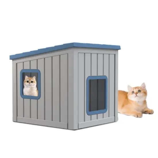 SEVOBAL Pet Crates and Houses Slanted Roof Pet House Two Entry Doors Rain Protection Simple Setup for Indoor Outdoor Use, Blue, 24.65"*21.5"*22.21" image {5}