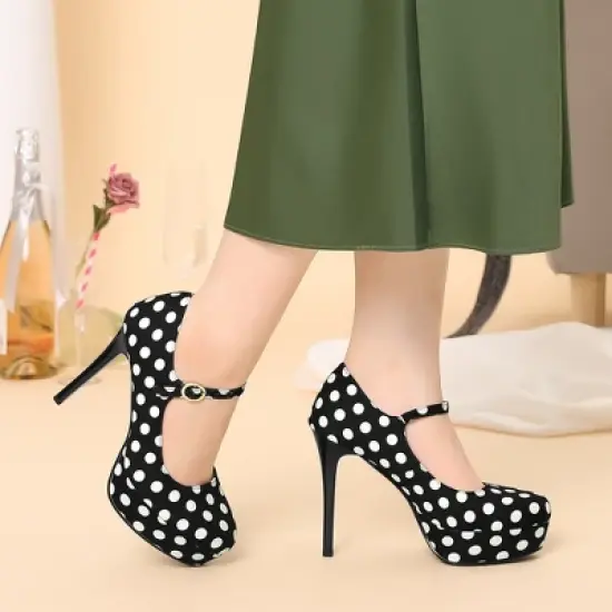 Allegra K Women's Polka Dots Platform Round Toe Ankle Strap Stiletto High Heel Pumps image {1}