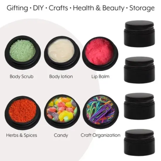 Darware Black Mini Glass Balm Jars, 24pk; Little Cosmetic Jars w/ Lined Black Metal Lids image {6}